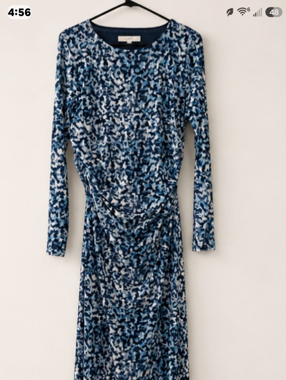 LOFT Ruched Side Maxi Dress Blue Abstract Print